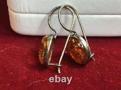 Vintage Estate Sterling Silver Amber Earrings French Earrings Natural Amber