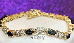 Vintage Estate Sterling Silver Blue Sapphire & Diamond Bracelet & Earring Set
