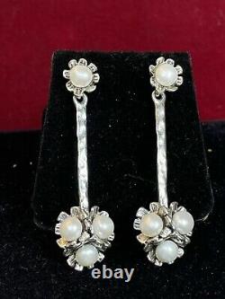 Vintage Estate Sterling Silver Cultured Pearl Earrings Drop Dangle Made Isreal