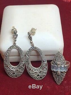 Vintage Estate Sterling Silver Earrings & Ring Blue Topaz Art Deco Marcasite
