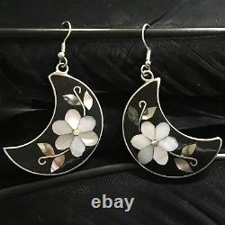 Vintage Estate Sterling Silver Enamel Abalone Mop Flower Inlay Moon Earrings