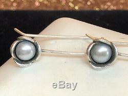 Vintage Estate Sterling Silver Gray Pearl Earrings Designer Signed Pandora