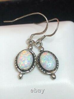 Vintage Estate Sterling Silver Inlaid Opal Ring & Earrings Drop Band Signed DC
