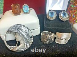 Vintage Estate Sterling Silver Lot 4 Rings Earrings Pin Smokey Topaz