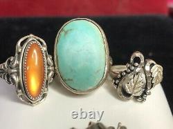 Vintage Estate Sterling Silver Lot Southwestern Rings Earrings Turquoise