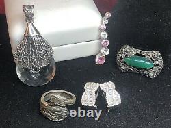 Vintage Estate Sterling Silver Lot Spoon Ring Pin Chrysoprase Earrings Pendant