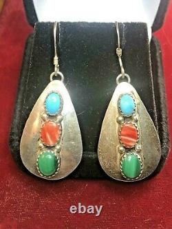 Vintage Estate Sterling Silver Native American Earrings Turquoise Malachite