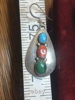 Vintage Estate Sterling Silver Native American Earrings Turquoise Malachite