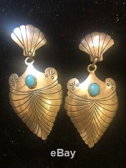 Vintage Estate Sterling Silver Native American Earrings Turquoise Signed P
