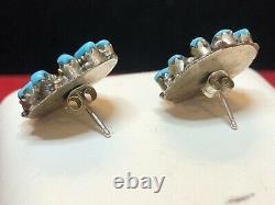 Vintage Estate Sterling Silver Native American Turquoise Earrings Petite Point