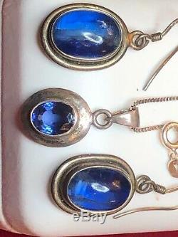 Vintage Estate Sterling Silver Natural Blue Sapphire Earrings Wire Necklace Set
