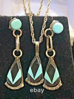 Vintage Estate Sterling Silver Onyx Turquoise Inlaid Earrings Necklace Set