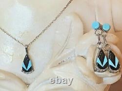 Vintage Estate Sterling Silver Onyx Turquoise Inlaid Earrings Necklace Set