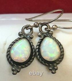 Vintage Estate Sterling Silver Opal Earrings Drop Dangle Gemstone