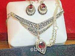 Vintage Estate Sterling Silver Red Garnet Necklace Pendant & Earrings Drop Wire