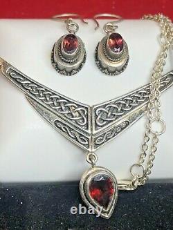 Vintage Estate Sterling Silver Red Garnet Necklace Pendant & Earrings Drop Wire
