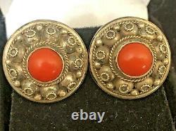 Vintage Estate Sterling Silver Red Salmon Coral Earrings Screw Back