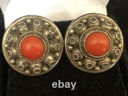 Vintage Estate Sterling Silver Red Salmon Coral Earrings Screw Back