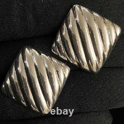 Vintage Estate Sterling Silver Ribbed Design Rhombus Post Back Earrings 1 5/16