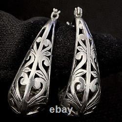 Vintage Estate Sterling Silver Scroll Heart Design Oval Hoop Earrings 1 1/8