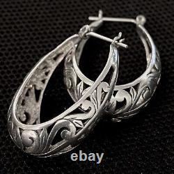 Vintage Estate Sterling Silver Scroll Heart Design Oval Hoop Earrings 1 1/8