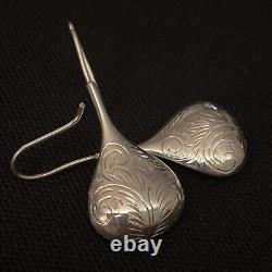 Vintage Estate Sterling Silver Tear Drop Hand Carved Dangle Earrings 2 X 13/16