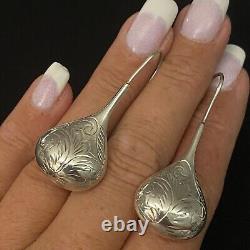 Vintage Estate Sterling Silver Tear Drop Hand Carved Dangle Earrings 2 X 13/16