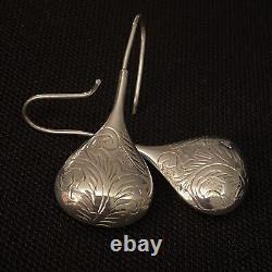 Vintage Estate Sterling Silver Tear Drop Hand Carved Dangle Earrings 2 X 13/16