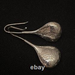 Vintage Estate Sterling Silver Tear Drop Hand Carved Dangle Earrings 2 X 13/16