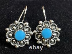 Vintage Estate Sterling Silver Turquoise Earrings Made In Mexico Drop