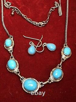 Vintage Estate Sterling Silver Turquoise Necklace Signed Nf Earrings Gemstone