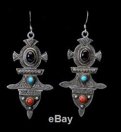 Vintage Ethiopian Cross Earrings Sterling Silver Amethyst Turquoise Coral