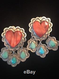 Vintage Frank&Brihilda Coriz signed sterling withturquoise clip on heart earrings