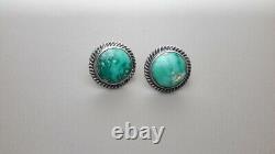 Vintage Fred Harvey Era Navajo Green Royston Turquoise Earrings Signed STERLING