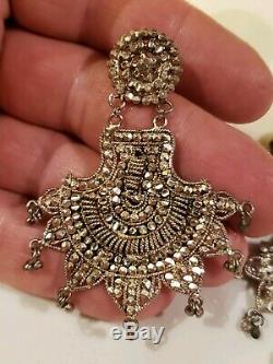Vintage Frida Style Mexican 925 Sterling Silver Filigree Earrings 29 grams