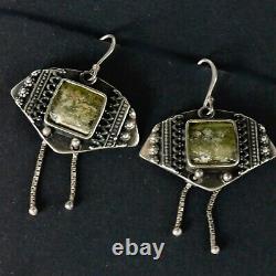 Vintage GORGEOUS Sterling Silver Roman Glass Embossed Two Chain Drops Earrings
