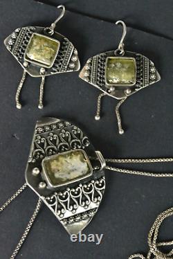 Vintage GORGEOUS Sterling Silver Roman Glass Embossed Two Chain Drops Earrings