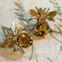 Vintage Genuine Citrine Gold Plated Sterling Silver Bee Design Clip Earrings