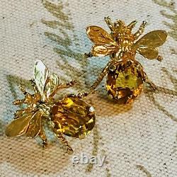 Vintage Genuine Citrine Gold Plated Sterling Silver Bee Design Clip Earrings