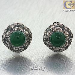 Vintage Georg Jensen Sterling Silver #74 Green Chrysoprase Clipon Screw Earrings