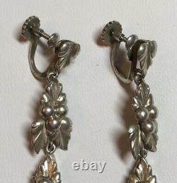 Vintage Germany Art Deco Leaf Berry Sterling Silver Chrysoprase Dangle Earrings