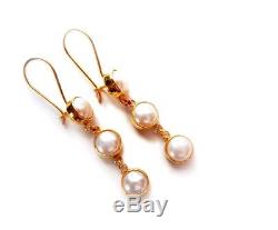 Vintage Gilded Sterling Silver White Pearl Dangle Earrings