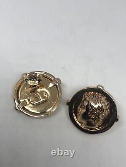 Vintage Golden Cameo Earrings 925 Sterling Silver Button Intaglio