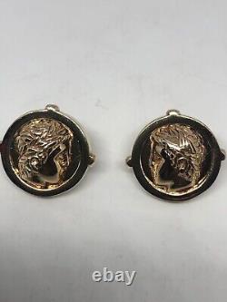 Vintage Golden Cameo Earrings 925 Sterling Silver Button Intaglio