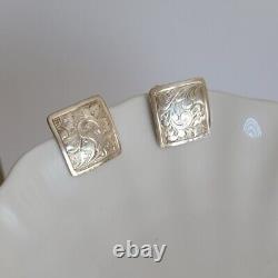 Vintage Gorgeous Chunky Floral Engraved Square Retro Stud Earrings