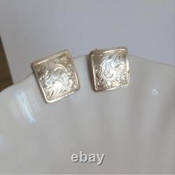 Vintage Gorgeous Chunky Floral Engraved Square Retro Stud Earrings