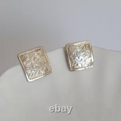 Vintage Gorgeous Chunky Floral Engraved Square Retro Stud Earrings