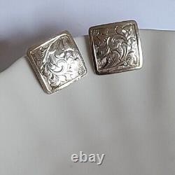 Vintage Gorgeous Chunky Floral Engraved Square Retro Stud Earrings