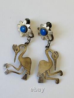 Vintage Graziella Laffi Sterling Silver Modernist Pelican Bird Dangle Earrings