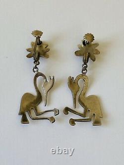 Vintage Graziella Laffi Sterling Silver Modernist Pelican Bird Dangle Earrings